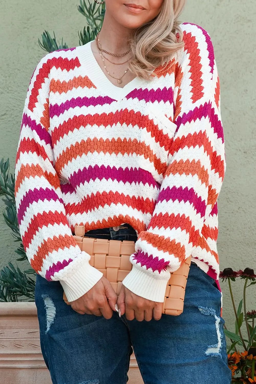 Pink Stripe V Neck Drop Shoulder Plus Size Sweater - Love Salve